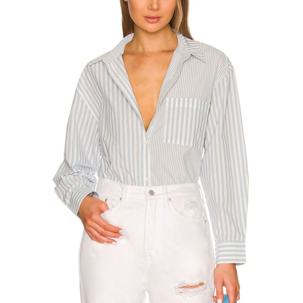 Pistola Millie Striped Button Down Long-Sleeve Collared Top, XS Costal Preppy
